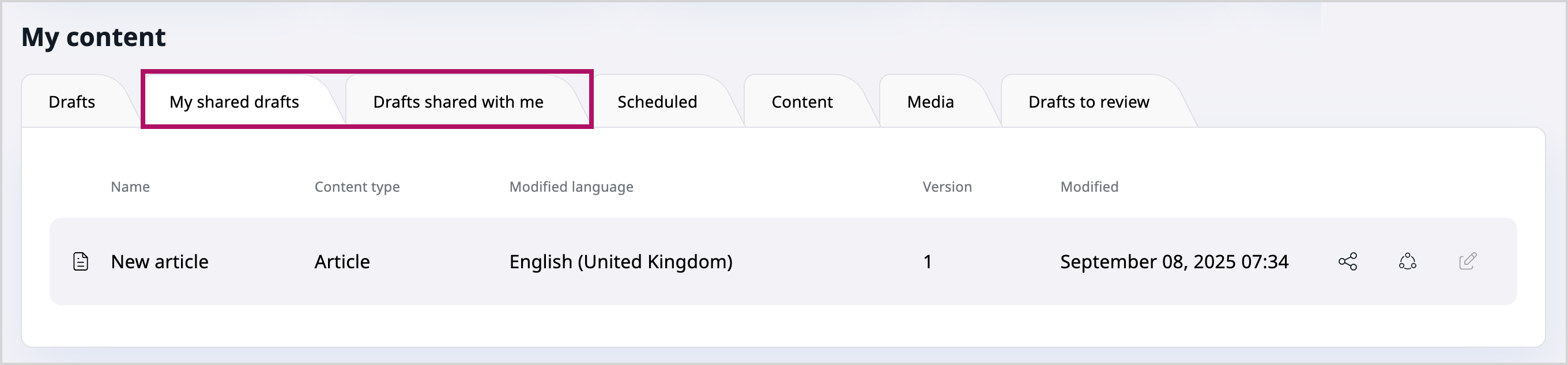 Dashboard block - My content - new tabs
