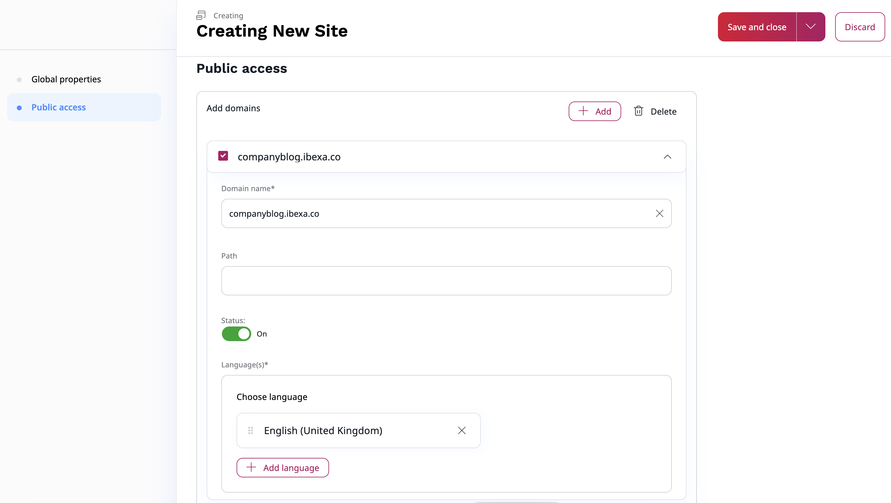 Create a new website - step two
